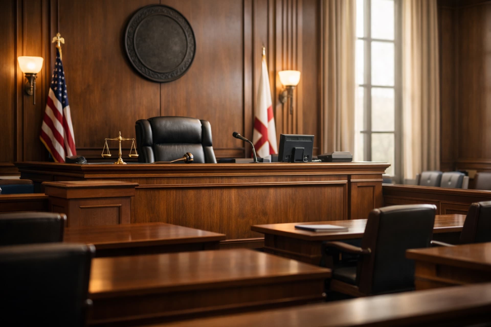 Empty courtroom with the judge's bench in focus and natural light through tall windows